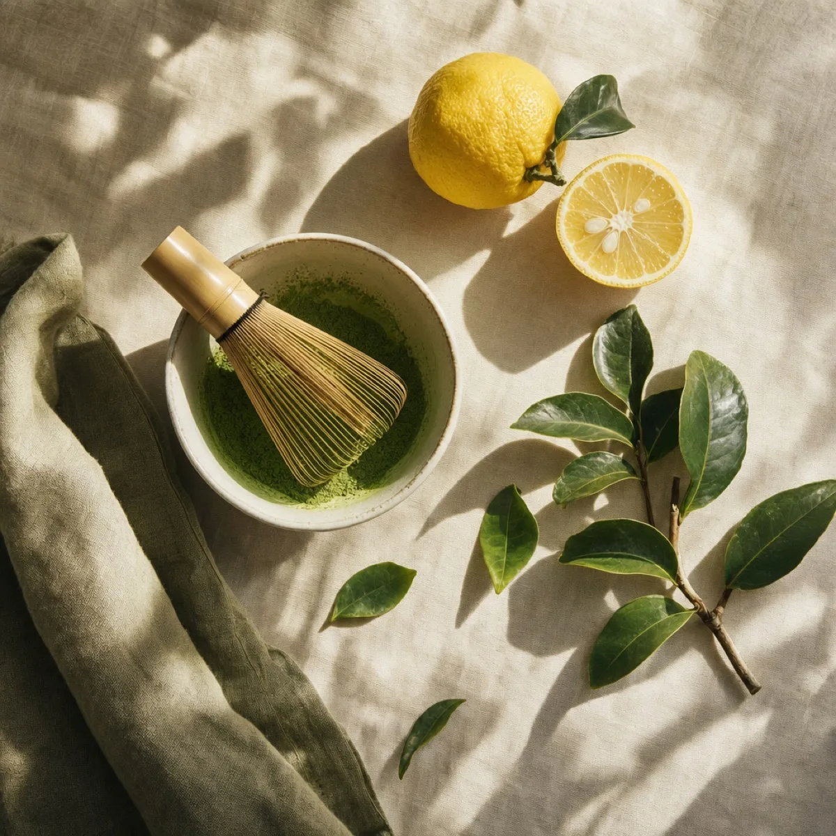Ceremonial matcha, bamboo whisk, yuzu and tea leaves